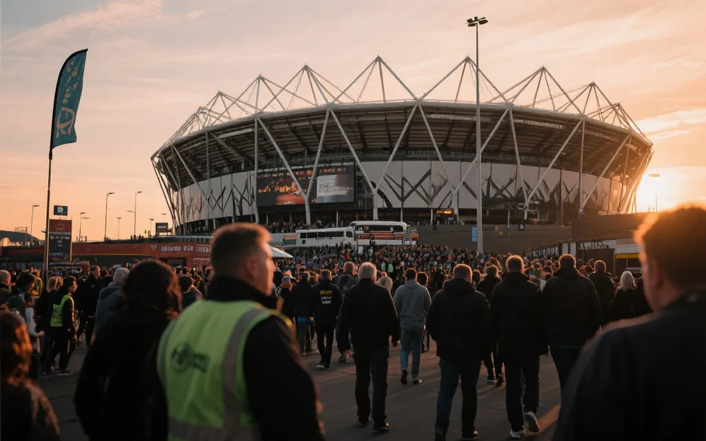 世界杯比赛日球场外的球迷通勤与入场动线概念图